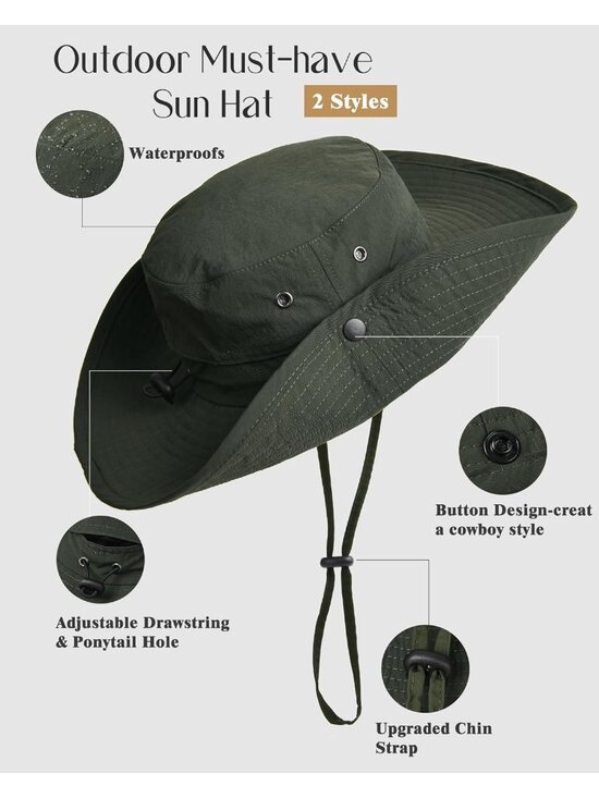 〽️Women Army Green Ponytail UPF 80+ Wide Brim Packable Cowboy Hat Beach Sun Hat main image 5